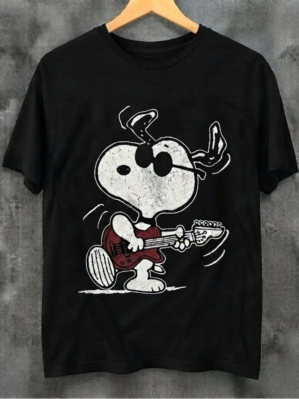 Gildan Black Tee with White Snoopy and Red Guitar